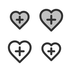 Pixel-perfect linear  heart  icon with plus sign built on two base grids of 32x32 and 24x24 pixels. The initial base line weight is 2 pixels. In two-color and one-color versions. Editable strokes