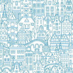 Blue Seamless pattern with Amsterdam canal and typical dutch houses, Holland, Netherlands.