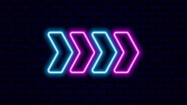 Neon arrows on a brick background. Flashing neon arrows. Blue and pink neon. Neon arrow show the way. 4K video.