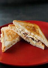 
Sandwich with chicken, tuna, pork or vegetables. A quick tasty snack. Toasted crispy toast
