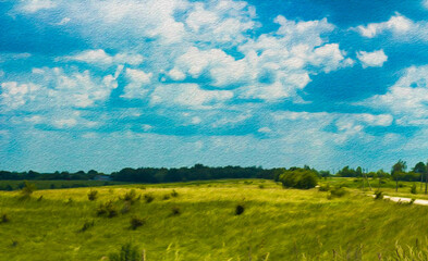 summer field landscape and sky clouds in the sky spring oil paint filter painting in photoshop