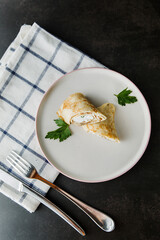 Pancake with curd cheese. Delicious healthy breakfast, still life for the menu