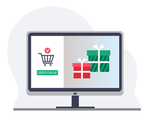 Laptop illustration, online ordering notification concept, ecommerce, order delivery service modern flat icon design isolated image.