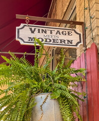 Sign on antique store with fern