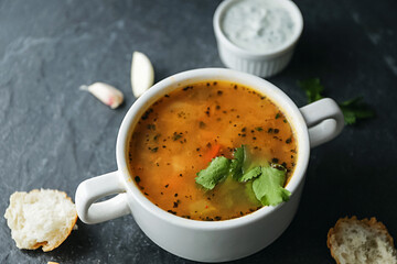 
Delicious tomato vegetable soup with cilantro. Healthy lunch