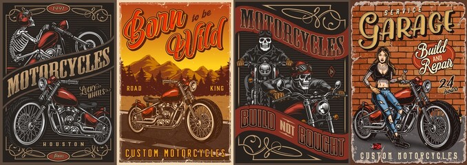 Motorcycle vintage colorful posters set