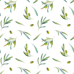 Olive branch, green leaves, simple watercolor seamless pattern for print, paper