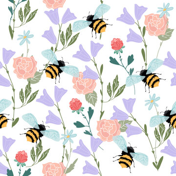 Seamless pattern with honey bees and flowers, flat vector on white background. Decorative floral pattern with honey bees. Summer textile design.