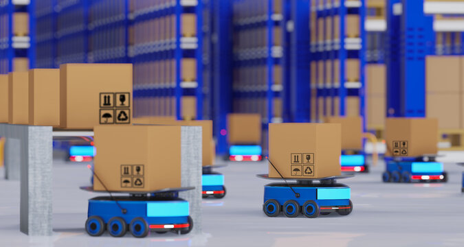 Concept industry 4.0 robotic Artificial Intelligence,Autonomous Robot of warehouse logistic,smart Automated delivery vehicle in modern storehouse shipping,with robot carrier carrying cardboard box