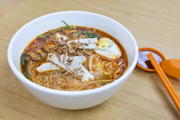 Simple no frills prawn noodles or hokkien mee, popular food in Penang, Malaysia