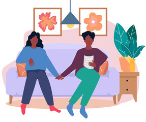 Cute married young couple sitting on the couch holding hands. Family leisure, joint pastime. Modern flat concept illustration