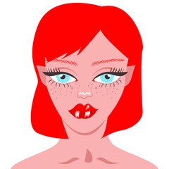A beautiful girl with red hair and red lipstick drawn by hand. Vector realistic character. Avatar illustration