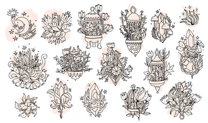 Magic crystals with flowers set. Line art hand drawn doodle elements with quartz crystals and flowers in a birdcage. Elegance and aesthetic floral design icons isolated on white background. Vector