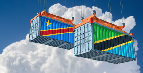 Freight containers with Democratic Republic of the Congo and Tanzania national flags. 3D Rendering 