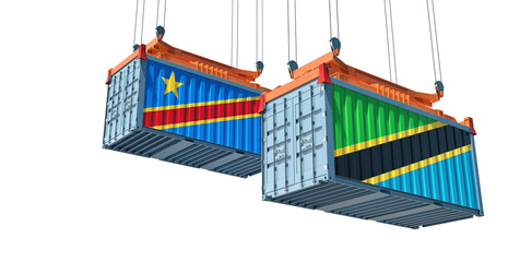 Freight containers with Democratic Republic of the Congo and Tanzania national flags. 3D Rendering 