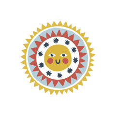 Folksy decorative sun character vector illustration isolated on white. Cute solar Scandinavian childish clip-art.