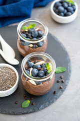 Chocolate chia pudding with blueberry, almonds and mint on top in a glass jar on a gray concrete background. Healthy food. Copy space.