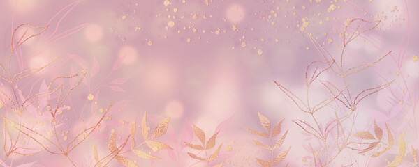 Fototapeta na wymiar Aquarellzeichnung mit zarten Rosa FarbenBokehhintergund - florale Elemente mit Goldpartikeln und Glanzeffekten für Hintergundgestaltung 