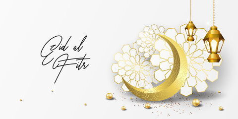 Ramadan kareem greeting card design template for invitation, banner, poster with lamp, crescent, calligraphy. Realistic vector illustration eid al fitr (Feast of Breaking the Fast). Eid Mubarak