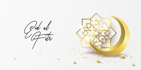 Ramadan kareem greeting card design template for invitation, banner, poster with lamp, crescent, calligraphy. Realistic vector illustration eid al fitr (Feast of Breaking the Fast). Eid Mubarak