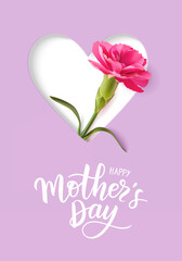 Happy Mothers day greeting card. Holiday design template with heart shape and realistic pink carnation flower on purple background. Vector stock illustration. 