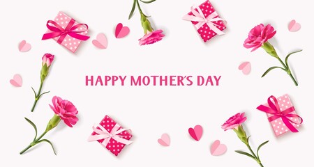 Happy Mothers day. Holiday design template with realistic pink carnation flowers, gift box and paper hearts on pink background. Spring banner. Vector stock illustration.