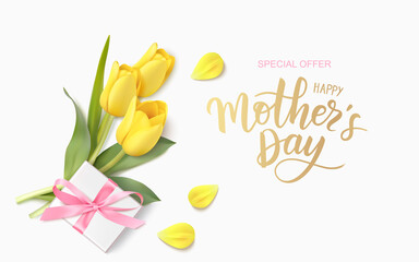 Happy Mothers Day design template. Calligraphic lettering text with decorative gift box and yellow tulip flowers. Vector illustration	 - 429804061