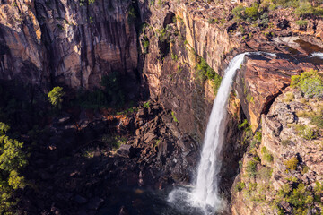 impressive view of a big waterfall from a helicopter