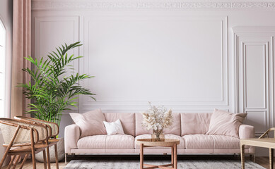 farmhouse interior living room, empty wall mockup in white room with pastel pink sofa, wooden furniture and green plant, 3d render	 - obrazy, fototapety, plakaty