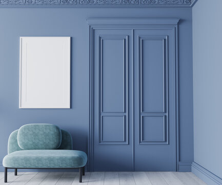Poster frame mockup In blue classic room, cozy and minimal interior design, 3d render
