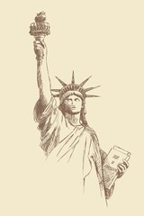 Sketch of the Statue of Liberty on a beige background, New York, USA. American national symbol. Woman with torch and book in hand. Vintage brown and beige card, hand-drawn. Old design.