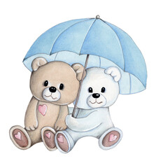 Cute cartoon little  toy animal teddy bears under unbrella. Watercolor hand drawn illustration, isolated on white background.