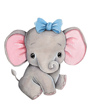 Cute cartoon little toy elephant girl with blue bow. Watercolor hand drawn illustration, isolated.