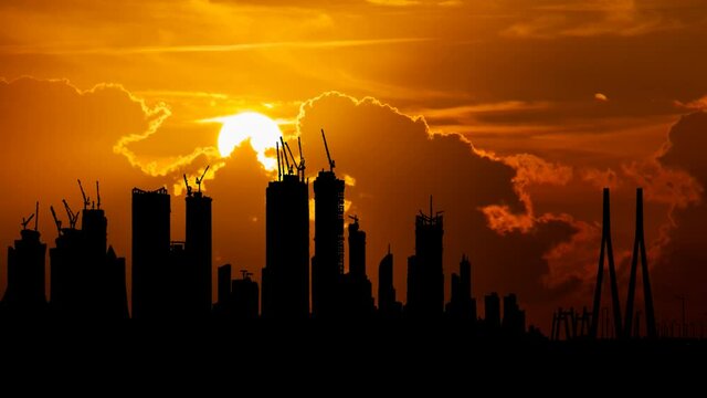 Mumbai Skyline, Time Lapse at Sunset with Red Clouds and Fiery Sky, India