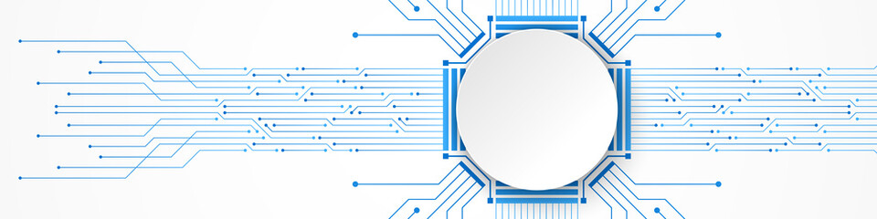 Abstract Technology Background, white circle banner on blue circuit board pattern