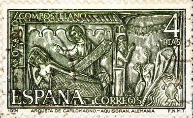 stamp printed in the Spain shows Charlemagne Chest, Aachen. Germany