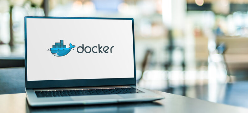 Laptop computer displaying logo of Docker