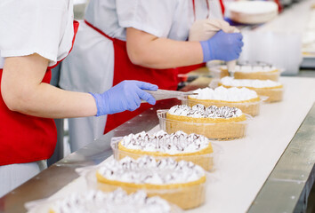 Decorating cakes on the conveyor of a confectionery factory.