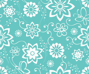 Fototapeta na wymiar White decorative floral ornament on a turquoise background. Seamless patterns.