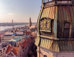 Riga, Latvia. Riga Cityscape In Sunny Summer Day. Famous Landmark - Riga Dome Cathedral aerial shot...