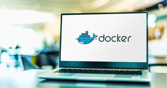 Laptop computer displaying logo of Docker