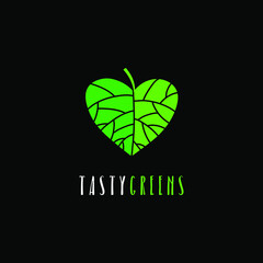 Tasty Greens Logo. Leaf in shape of heart on the black background.
