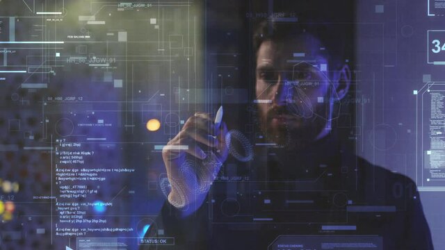 Bearded Adult Businessman Successful Trader Interacting Virtual AI Animation Infographics Corporate Data on Glass Office Board. Future Business Concept. Technology.