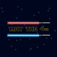 Fototapeta May The 4th Be With You. Vector illustration with glowing swords and stars. obraz