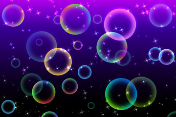シャボン玉、虹色のバブルと光の粒子、紫〜黒の背景