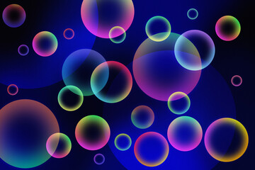 シャボン玉、虹色のバブル、青〜黒の背景