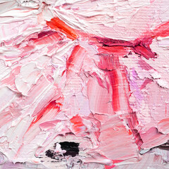 .Embossed pasty oil paints and reliefs. Primary colors: red, white, pink.  Abstract art. Mix of paints.