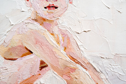 Little pretty girl in the white dress on the abstract background. Palette knife technique of oil painting and brush.