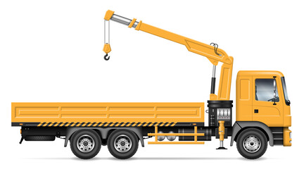 Crane truck vector illustration view from side isolated on white background. Construction and loading equipment mockup. All elements in the groups for easy editing and recolor © Yuri Schmidt