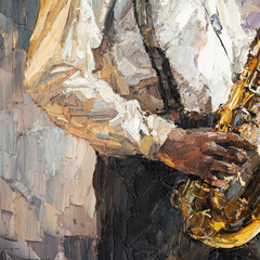 Stylish jazz band playing music on the scene, background is brown. Close-up fragment of  oil painting and brush. .The jazzman plays the sexophone.